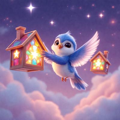 The primary subject of the image is a small bird, specifically a blue bird, flying through the sky. The bird is holding a light in its beak, which adds a sense of warmth and brightness to the scene. The setting is a cloudy sky, which creates a serene and dreamy atmosphere. The visual style of the image is a combination of digital art and illustration, giving it a whimsical and imaginative appearance. The dominant colors in the image are shades of blue, pink, and white,